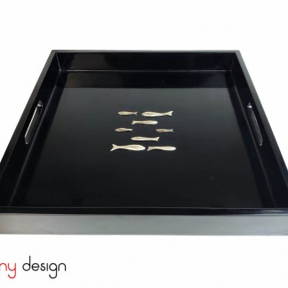 Square lacquer tray with 9 silver-plated fish 32*h4cm